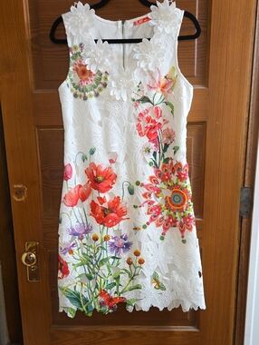 White Floral Appliqué Mini Dress with Vibrant Garden Print